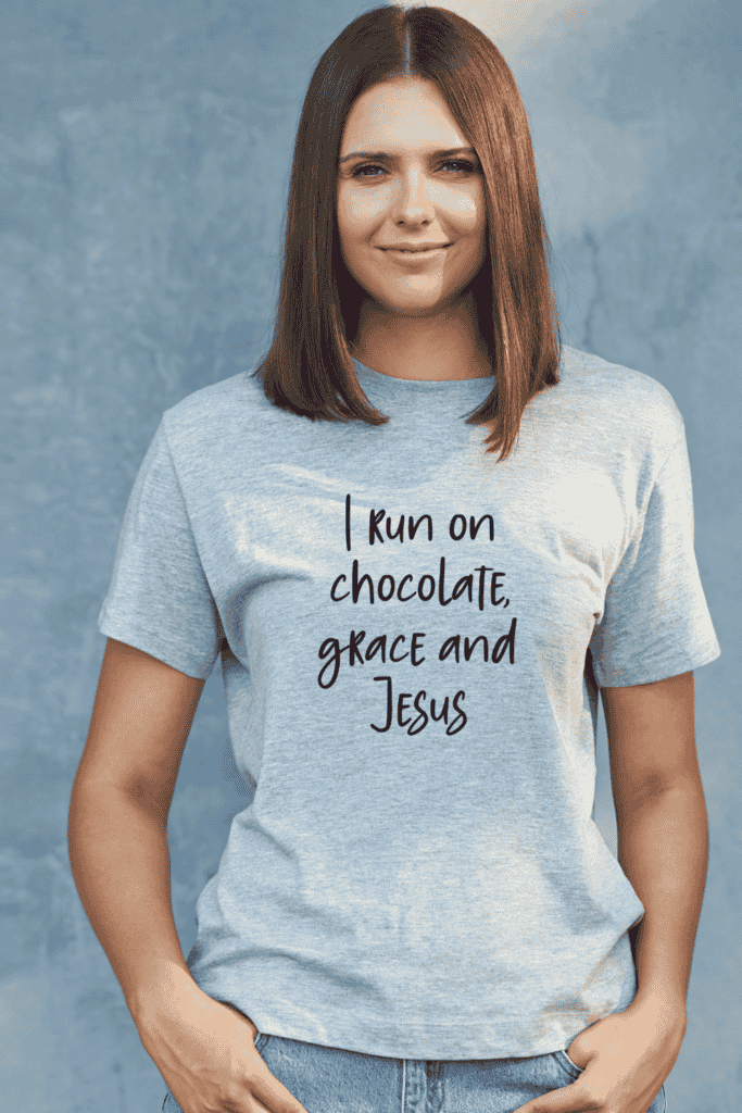 Christmas gift ideas for mom: I run on chocolate, grace and Jesus shirt