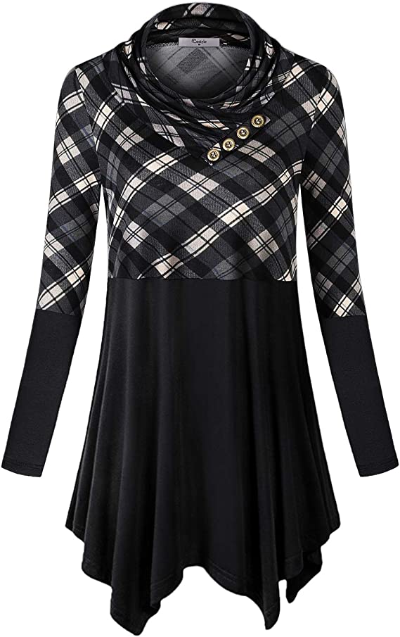A tunic top with a black and white plaid top that has a cowl neck and a solid black bottom