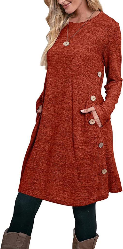 A tunic top for mom that is longer and more of a dress style. It is knit with pockets and large buttons down one side. It is shown in orange.