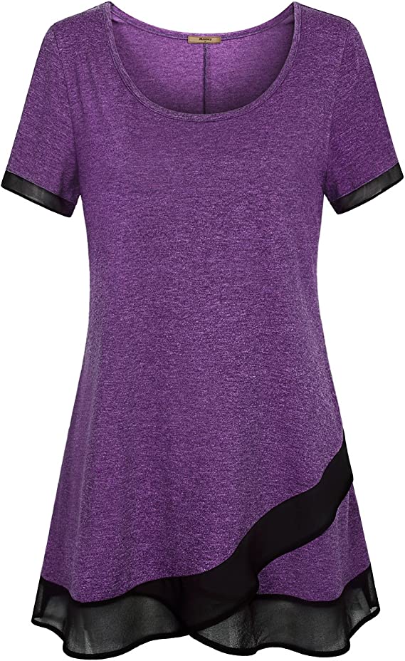A solid color tunic top for moms with a round neck and an uneven hem. The trim of the sleeves and the hemline are in an accent color. Shown is a purple tunic top with black trim.