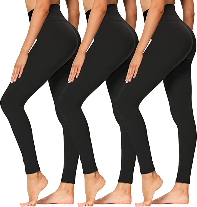 A set of leggings that are great for women and teens. They come three to a set in different colors. All black is shown.