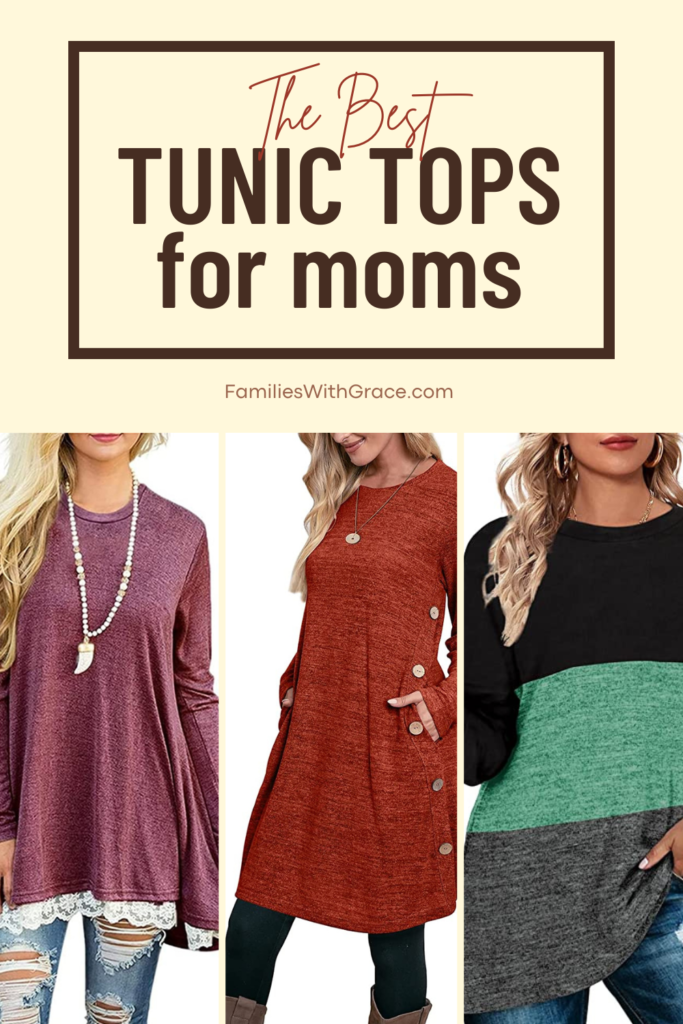 Leggings are incredibly comfortable and these 20 tunic tops for moms under $30 will have your rocking your leggings and looking good! #TunicTops #Leggings #MomFashion #FamiliesWithGrace #Style #MomStyle #womenstunictops #affordablefashion