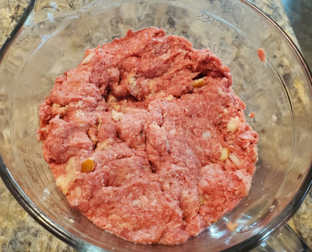 The meatloaf ingredients all mixed together and ready to go into the pan