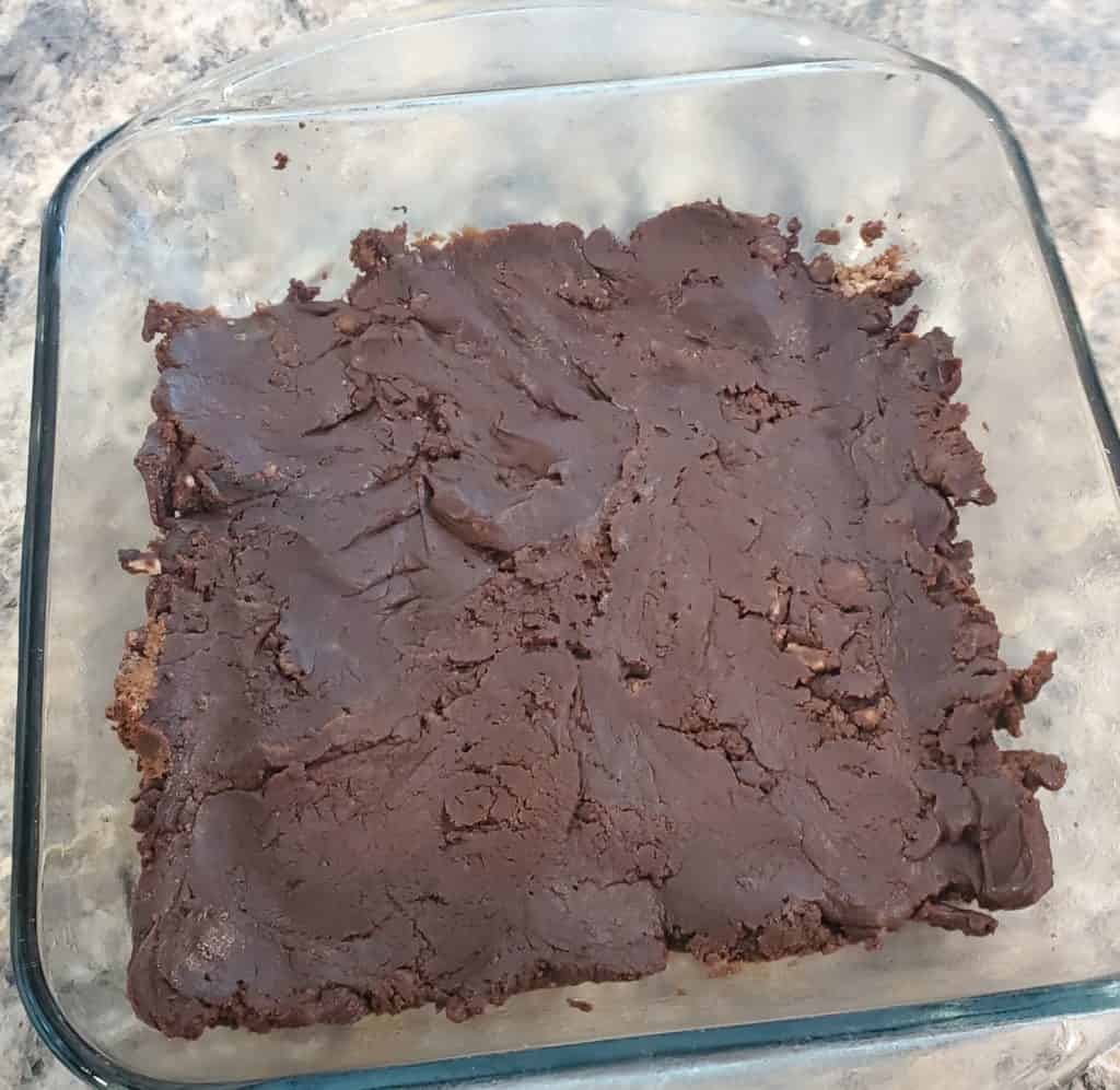 Microwave fudge in the glass pan to cool