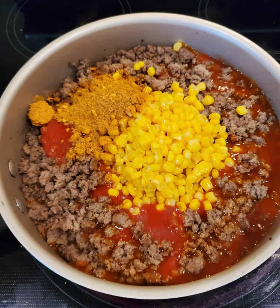 Taco soup recipe ingredients in the skillet