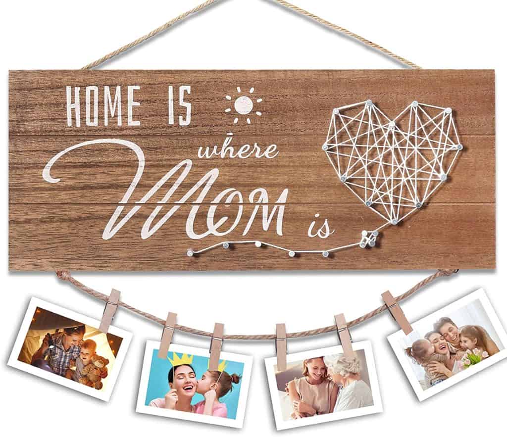 Wooden photo holder that says, "Home is where the mom is"