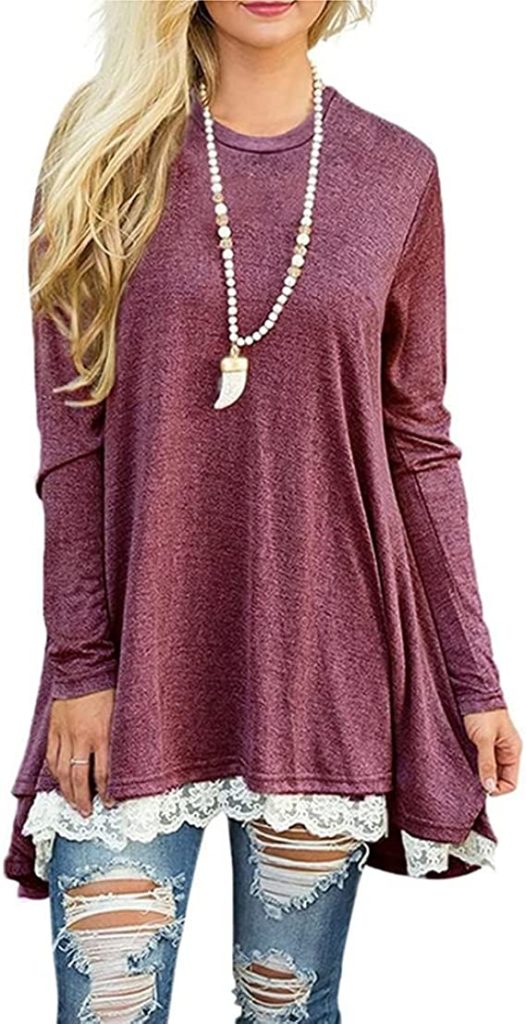 A ruby tunic top for moms with a heathered look and lace trim on the bottom front of it