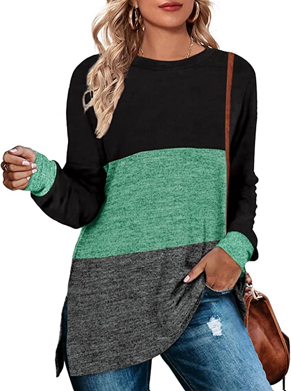 Tunic top for moms that has three solid horizontal stripes or color blocks. Shown in black, green and gray.