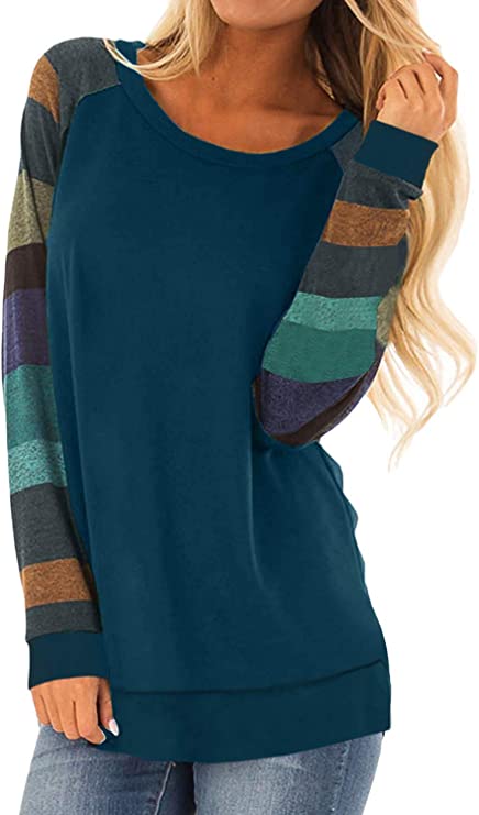 This tunic top for moms is a sweater style top with a solid body and striped sleeves. It's shown in a dark teal body with orange, gray, green and purple striped sleeves.