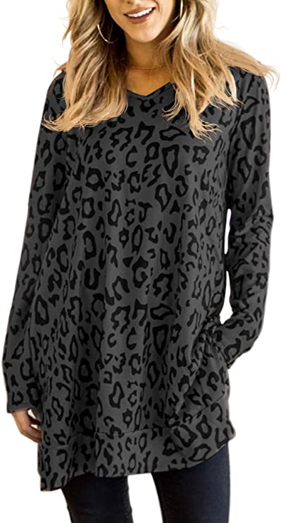 A sweatshirt style tunic top for moms that is dark gray with a blank animal print.