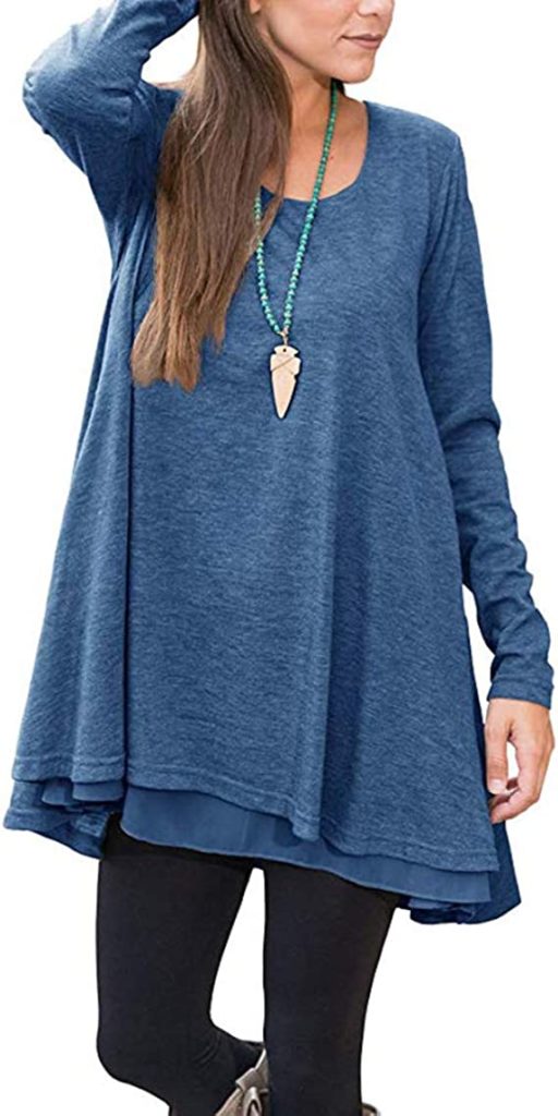 This tunic top for moms is a solid color (show in blue) with a hem line in the front that looks like it has a different shirt of a similar color underneath.