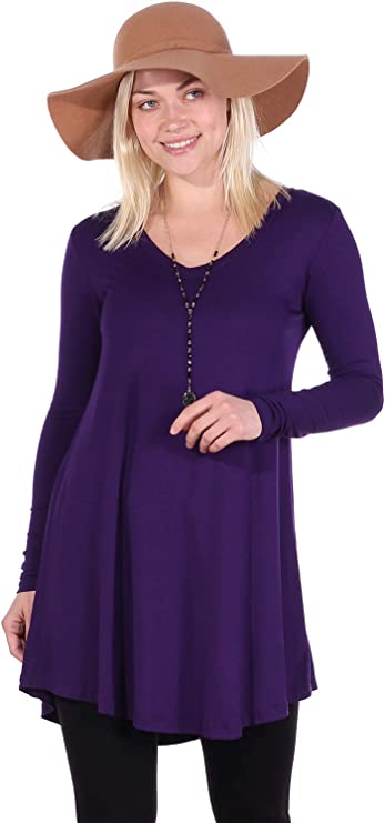 A solid color tunic top for moms that has a scoop neck. It is shown in a deep purple.