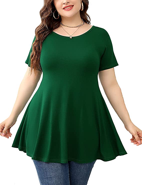 This tunic top for moms has a rounded neck and is a solid color. It is shown in green.
