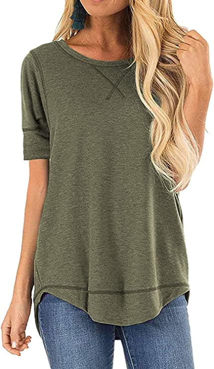 A tunic top for moms shown in a solid olive green with stitching (of the same color) around the sleeve trim, hem and collar.