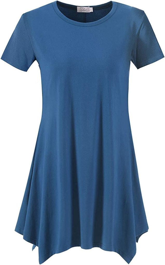 A solid tunic top for moms with a round neckline and swing style. Shown in steel blue.
