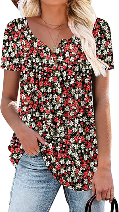 This tunic top for moms has a more open neck and is henley style with three buttons on the collar. It is loose fitting and is shown in black, red and white floral pattern.