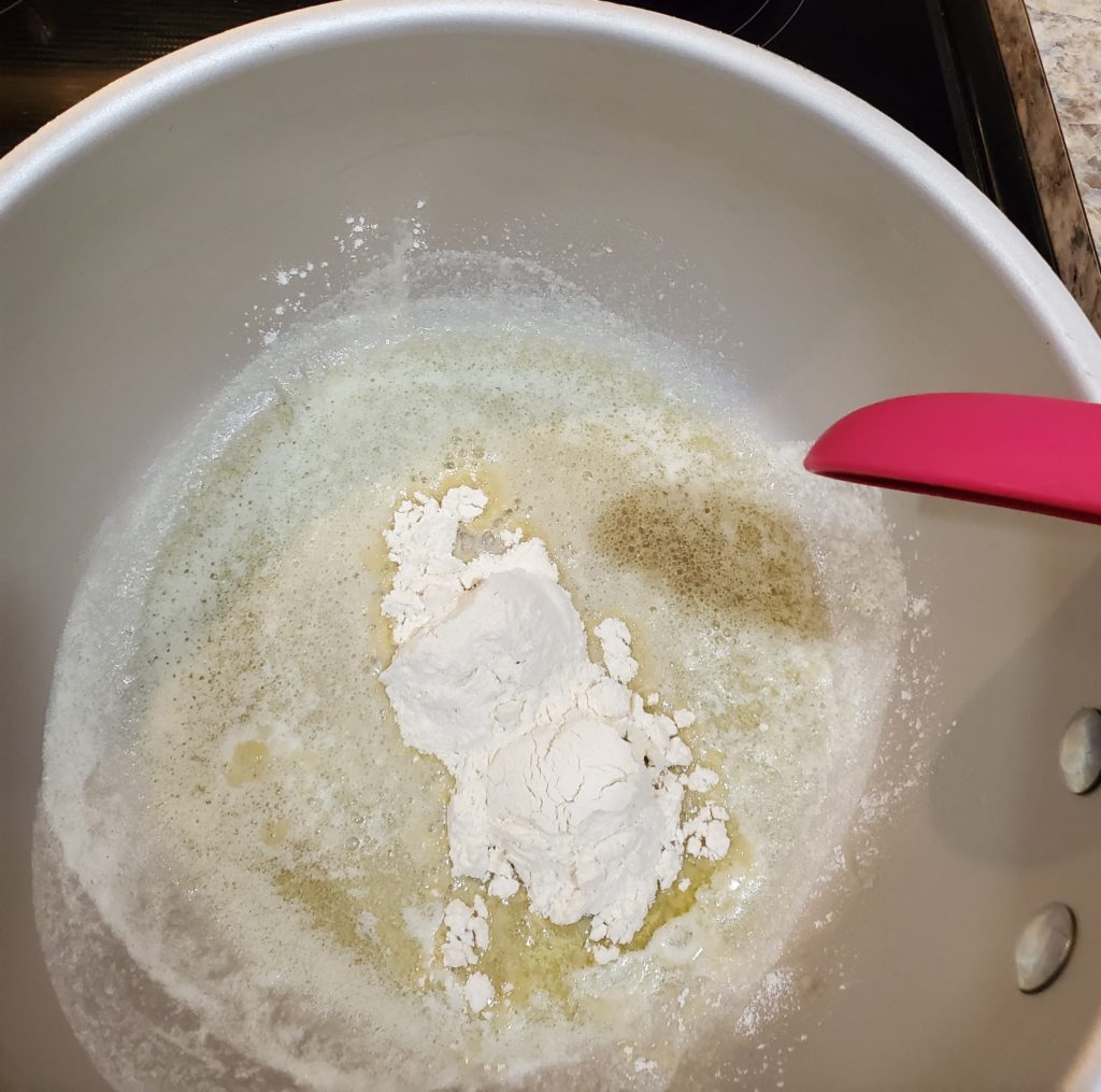 The flour and butter starting to be mixed for the baked mac and cheese with Ritz cracker topping