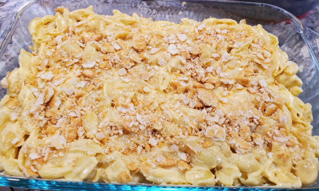 The baked mac and cheese with Ritz cracker topping ready to go into the oven