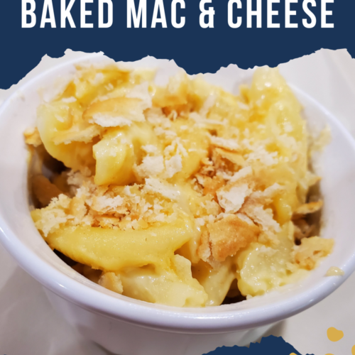 Baked mac and cheese with Ritz cracker topping Pinterest image 4