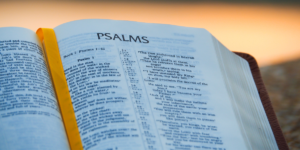 A photo of the Bible opened to the beginning of the book of Psalms