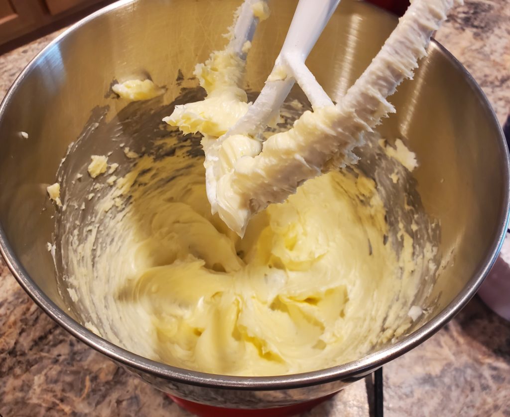 The butter and shortening creamed together in the stand mixer until they are smooth and fluffy