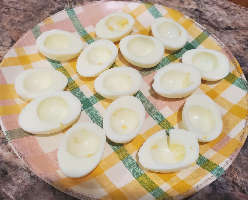 The empty egg white ready to be filled for this deviled eggs recipe