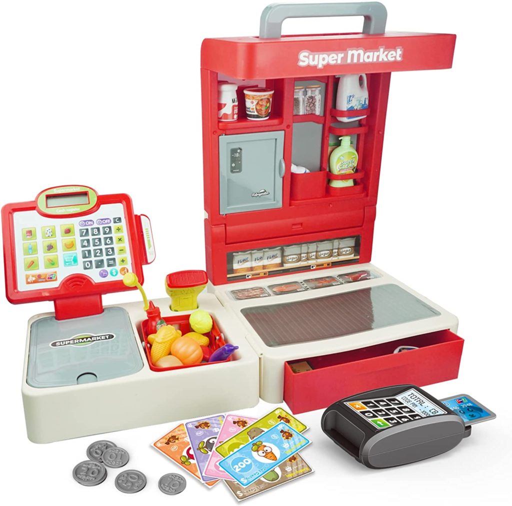 Supermarket cash register toy with scanner, play money, pretend credit card and play food