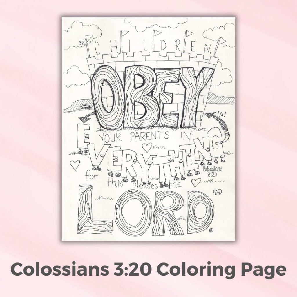 A hand-drawn Colossians 3:20 coloring page