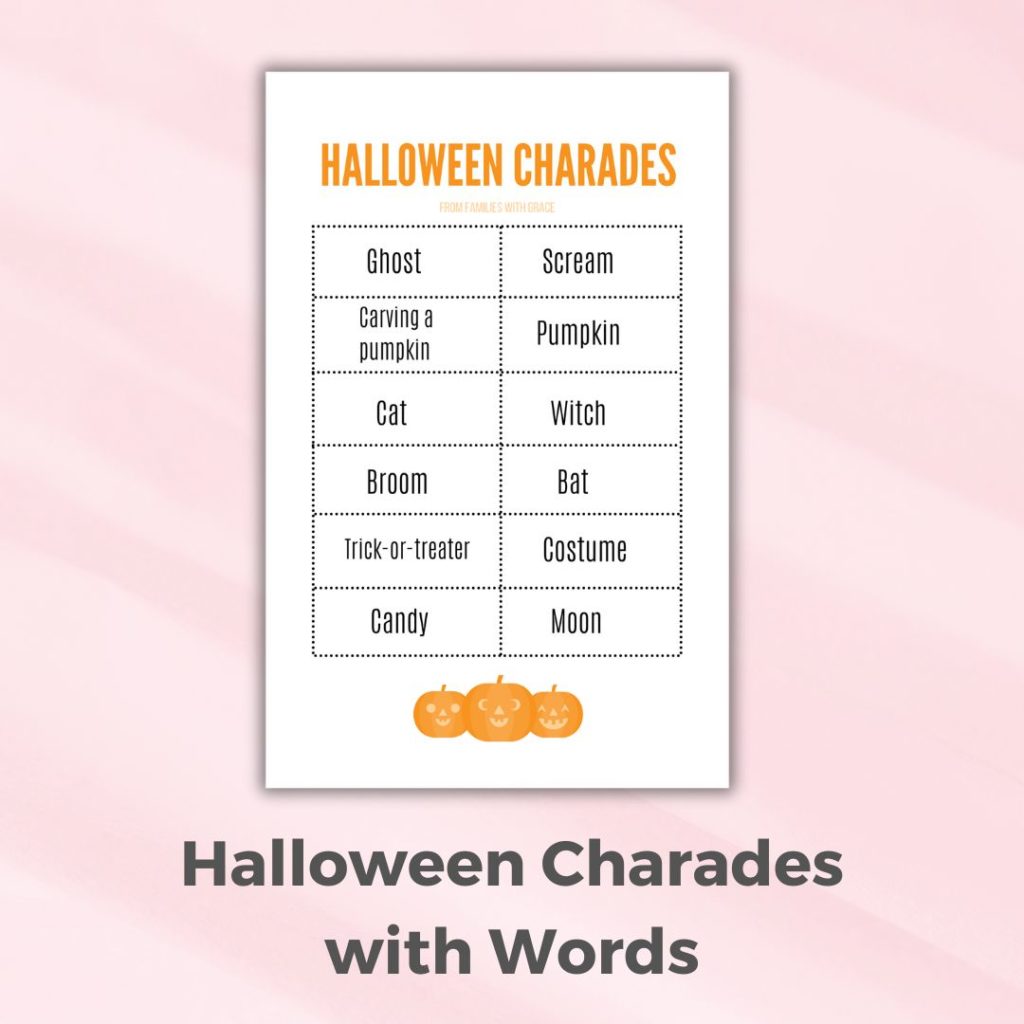 Halloween charades cards for families that have words only for the clues