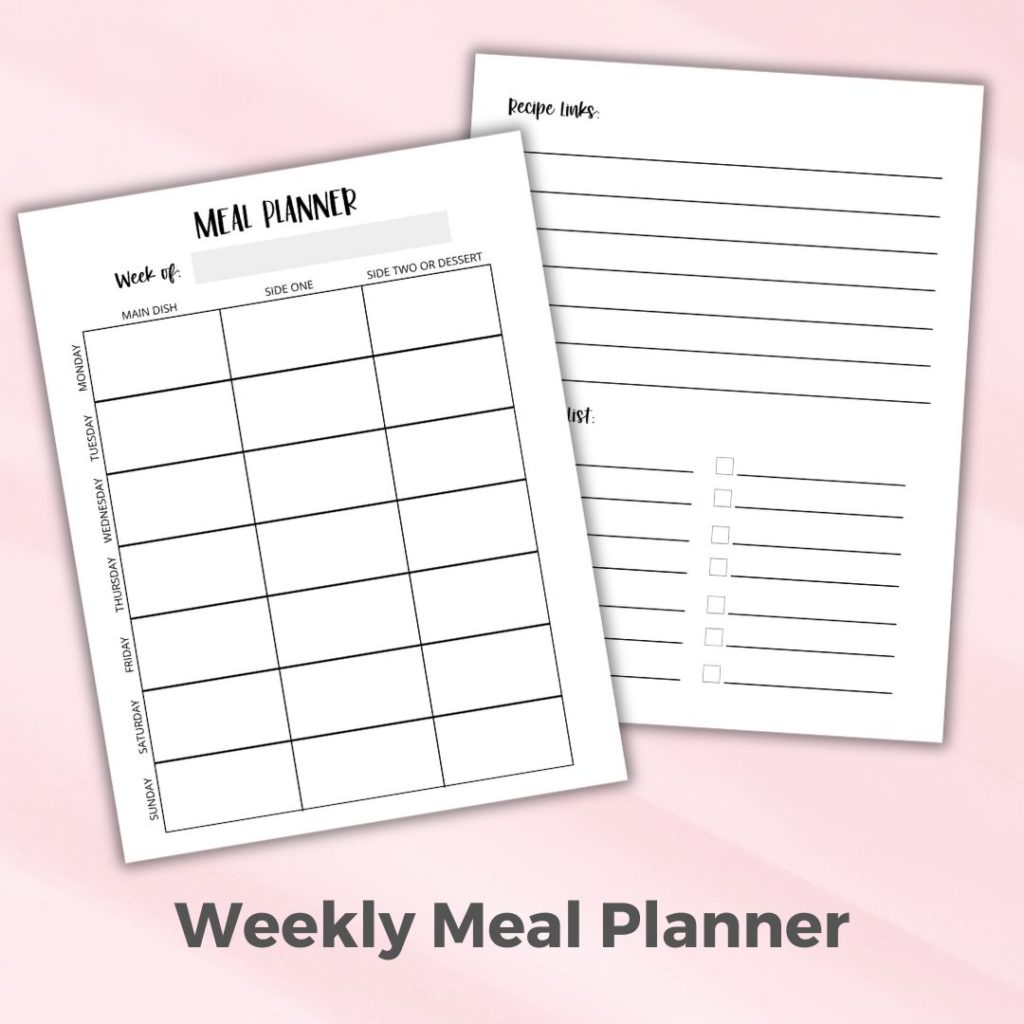 Weekly meal planner with a list for recipes and groceries