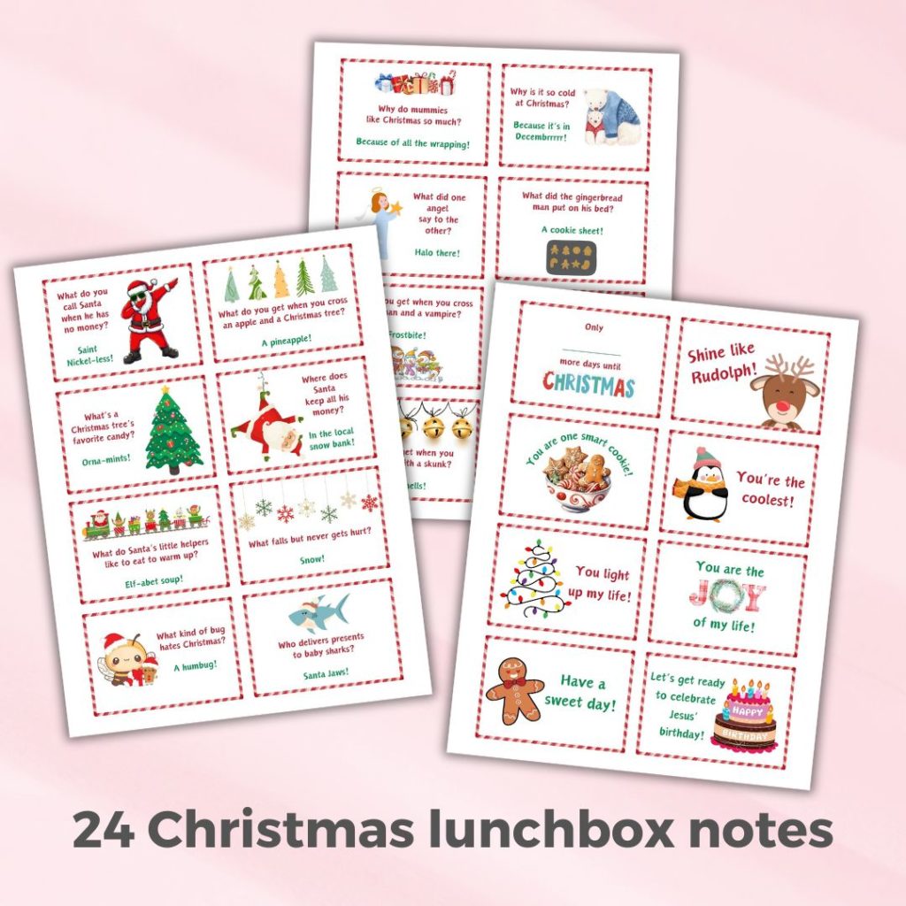 Download these free printable Christmas lunch notes, including Christmas jokes, to spread cheer in your children's lunchboxes this holiday season. 