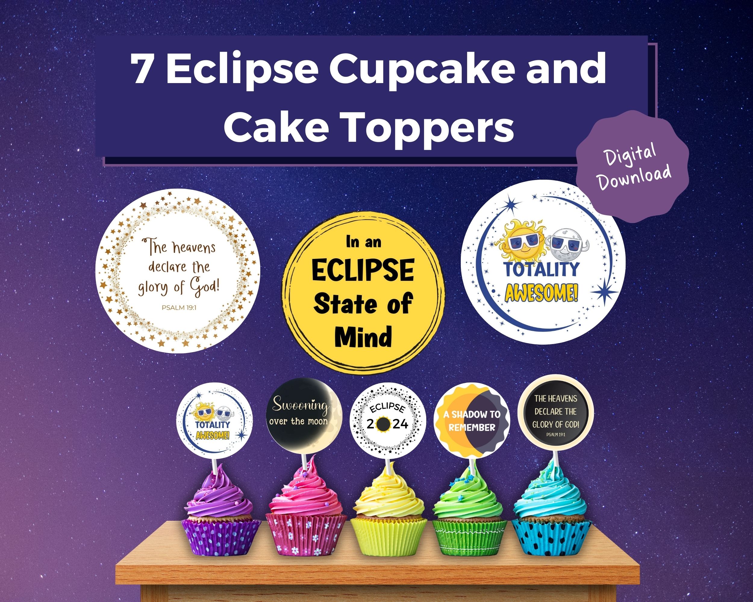 Solar eclipse 2024 printable cupcake toppers