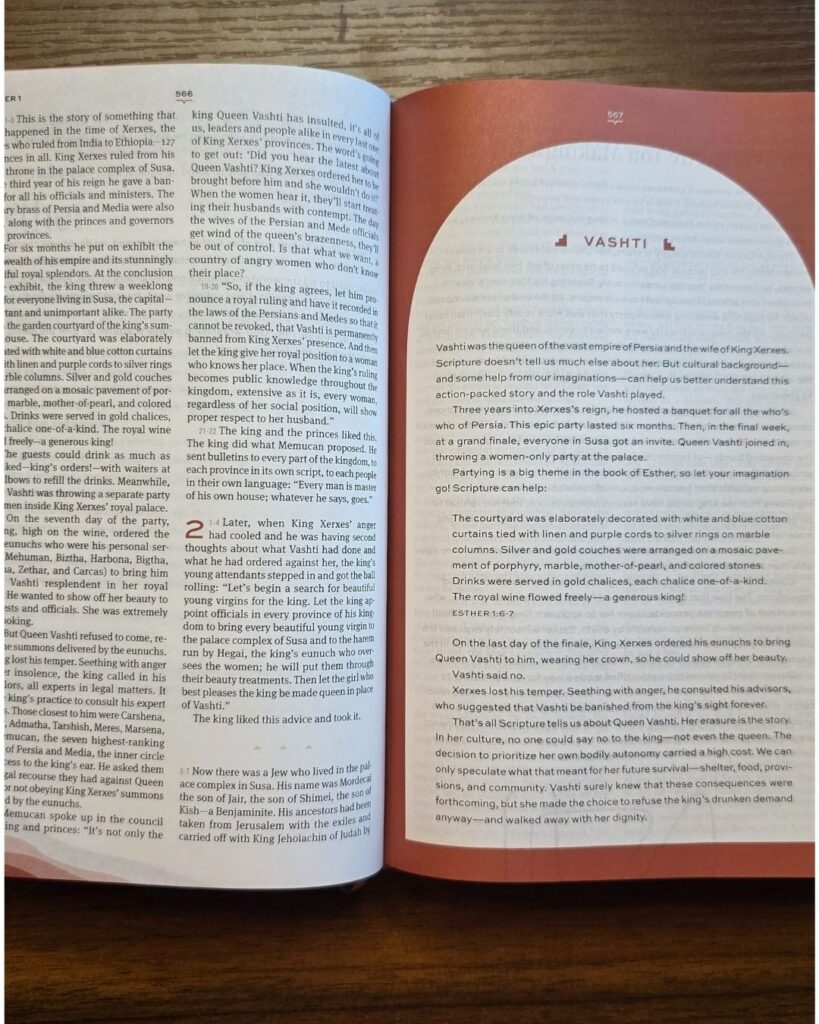 Best Women's Devotional Bible interior shot of the profile of Queen Vashti