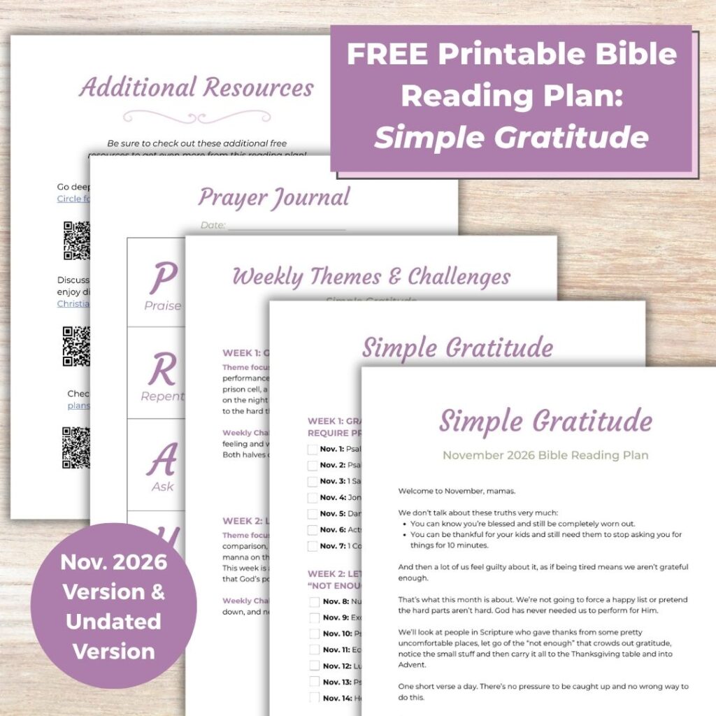 Free Bible reading plan for Christian Moms images: Simple Gratitude with both a November 2026 version and an undated version