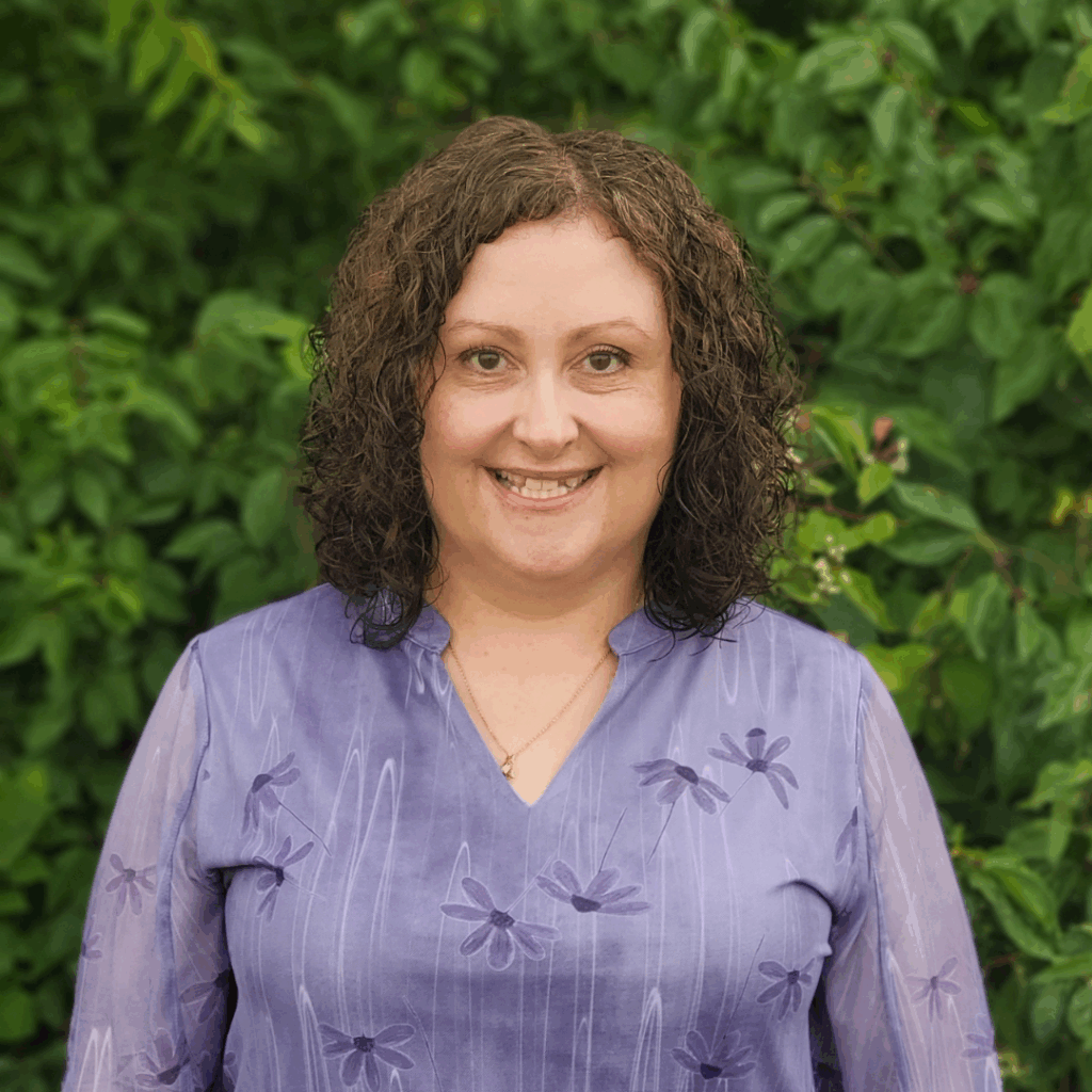 Stacey A. Shannon in a lavender shirt to reflect the colors of Families with Grace, a site for Christian moms